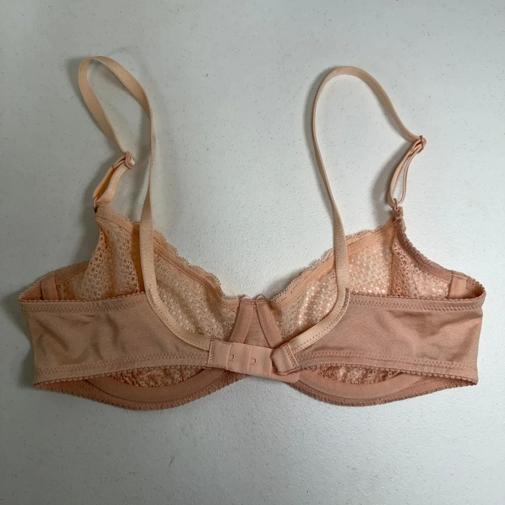 Wingslove 32D Bra Balconette Peach Geometric Lace Mesh Underwire Bow Detail